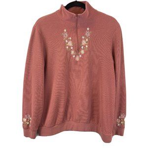 BLAIR Women Pink Floral Detail Embroidered Half Zip Pullover Sweater Medium
